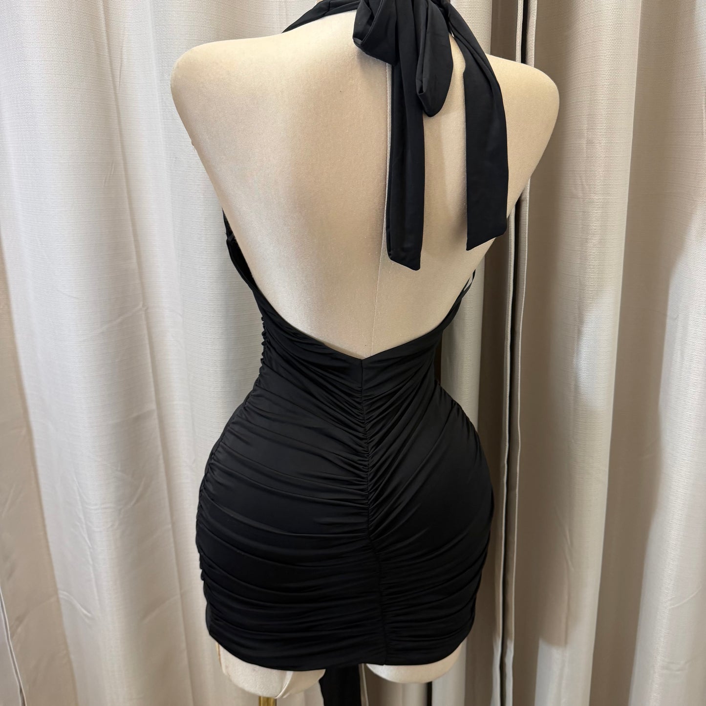 Orchid Halter Ruched front panel Mini Dress-Black