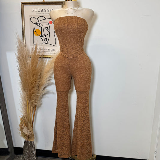 Lace Corset Flare Pant Set-Brown