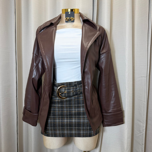 Oversized Leather Coat-Brown