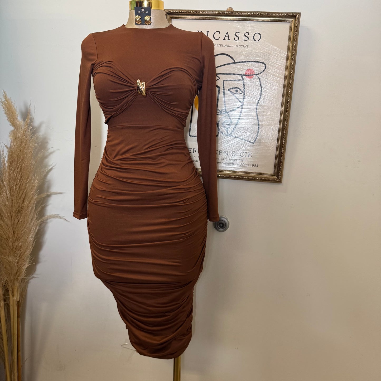 Long Sleeve Double Layered Midi Dress-Mocha