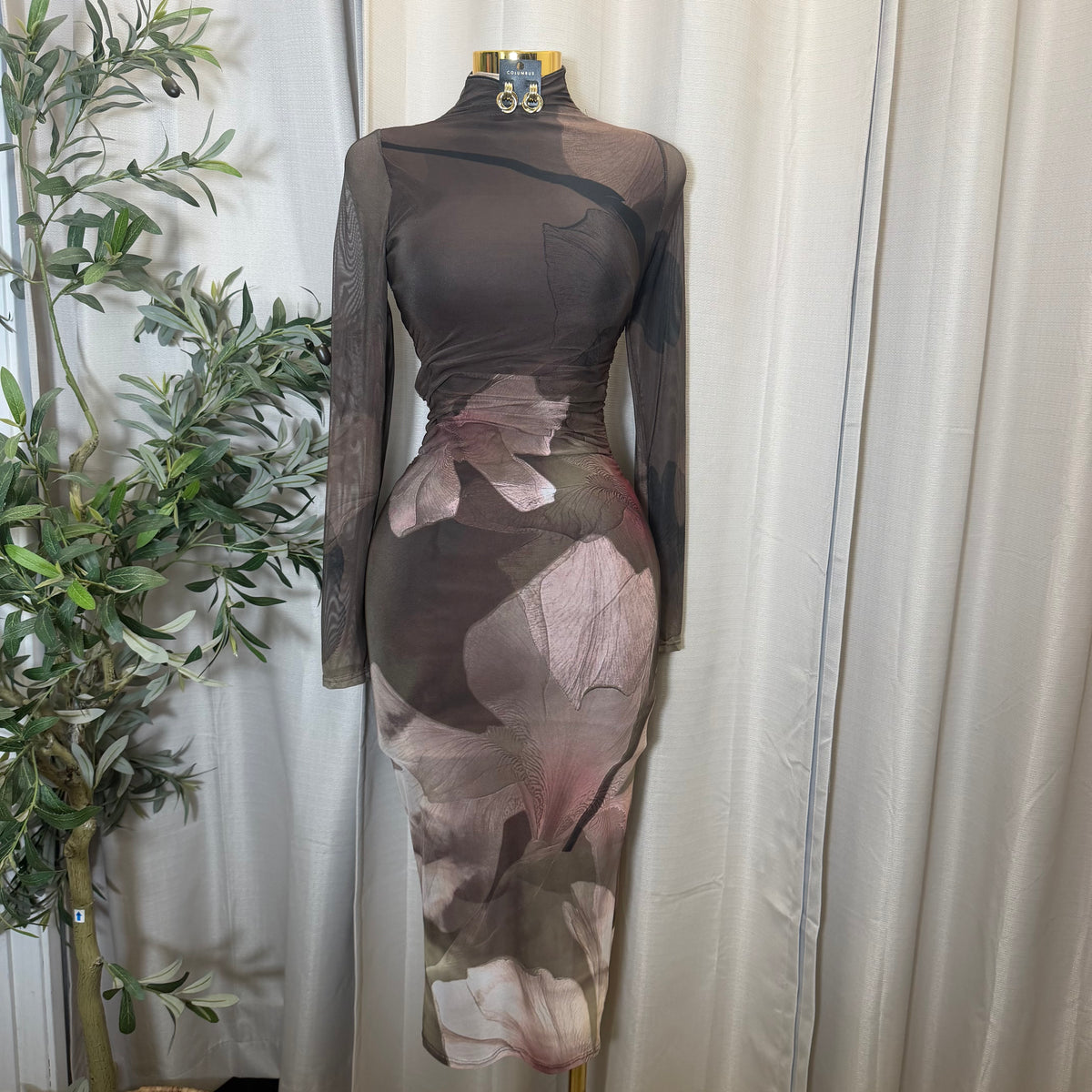 Big Flower Mesh Long sleeve Midi Dress-Olive combo