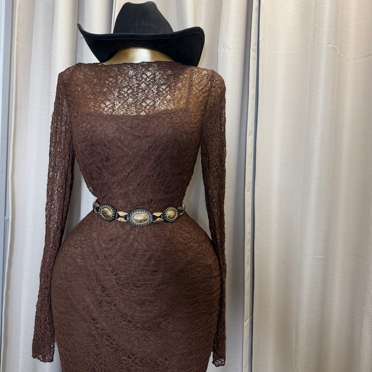 PL- Long sleeve Lace Midi Dress-Brown