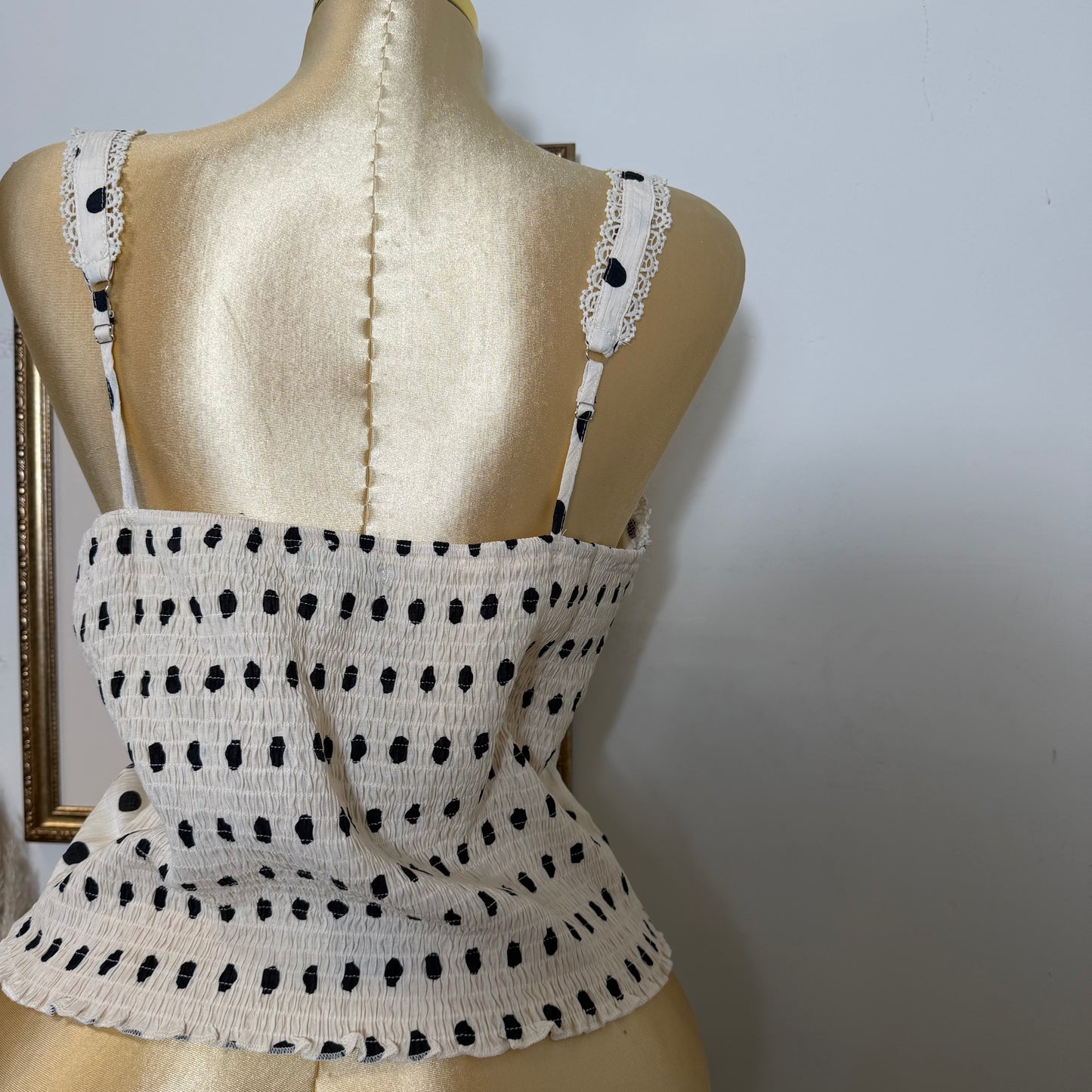PL-Polka Dot Corset Tank Top with Smocked back- Beige/Black