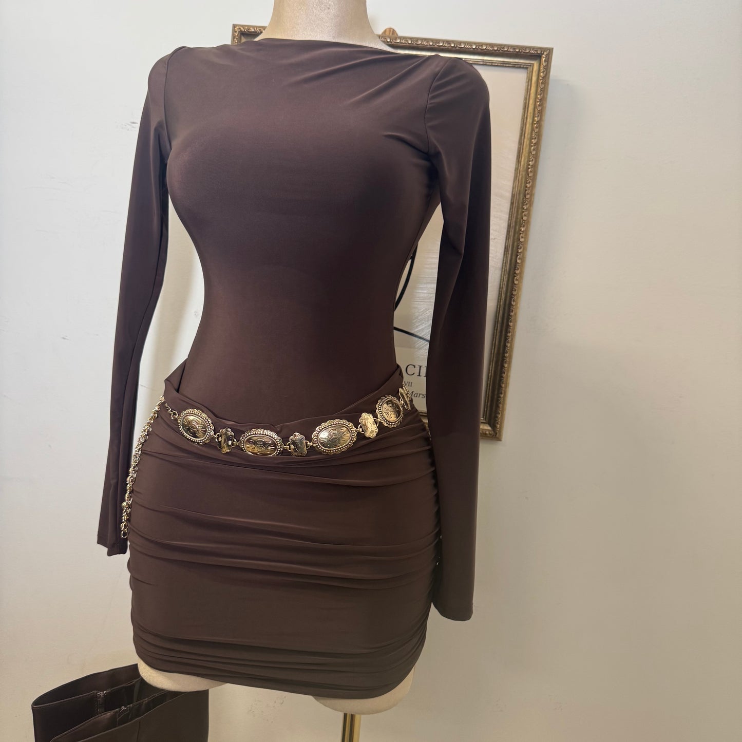 Long Sleeve Ruched Mini Dress-Brown