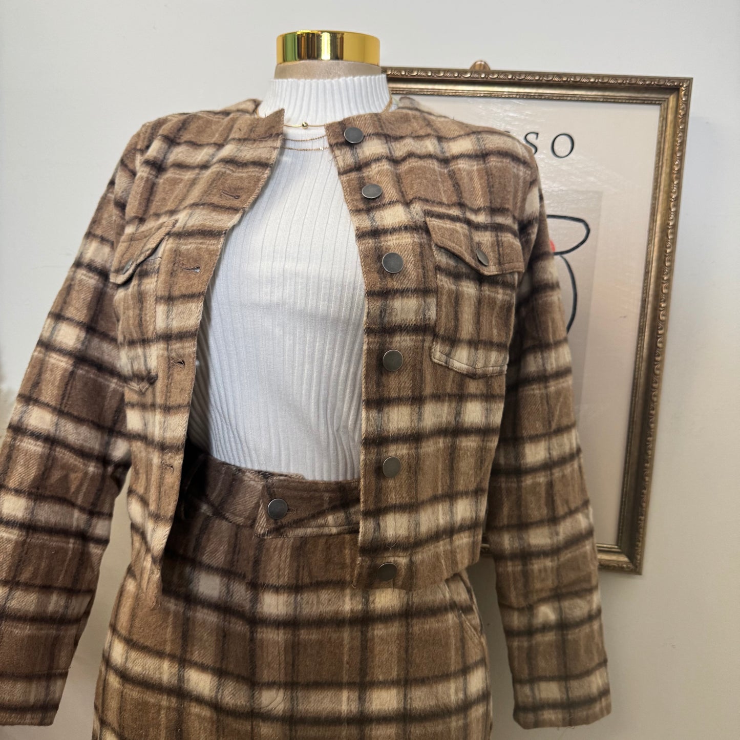 Long Sleeve Round Neck Brushed Plaid Jacket-khaki