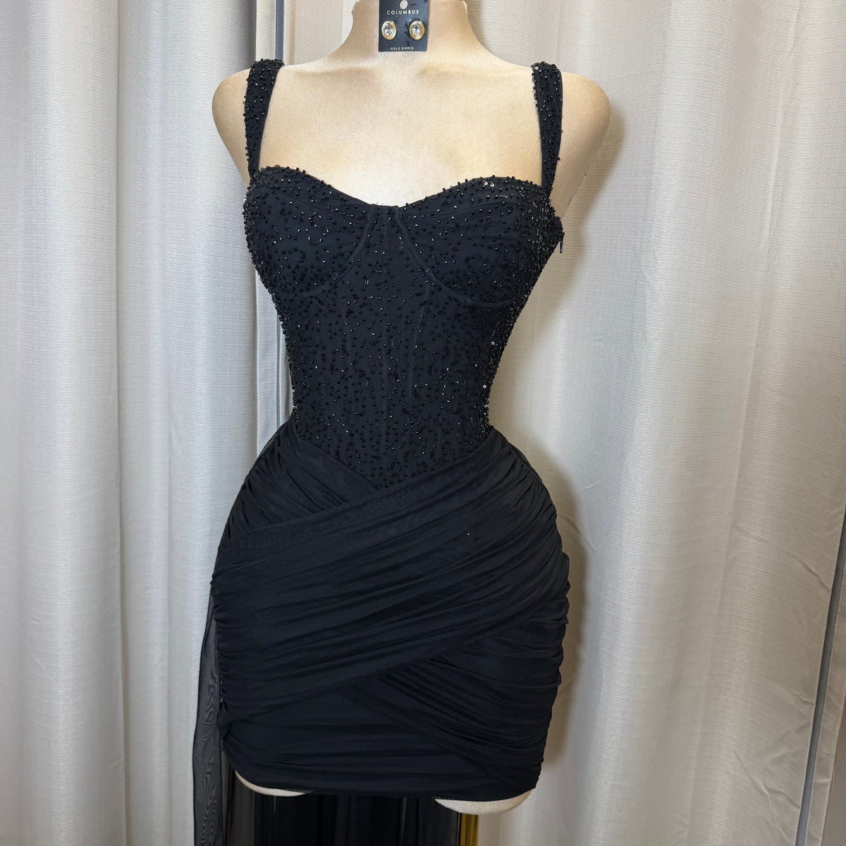 Mesh with beads Sequin Sweetheart neckline Corset dress-Black