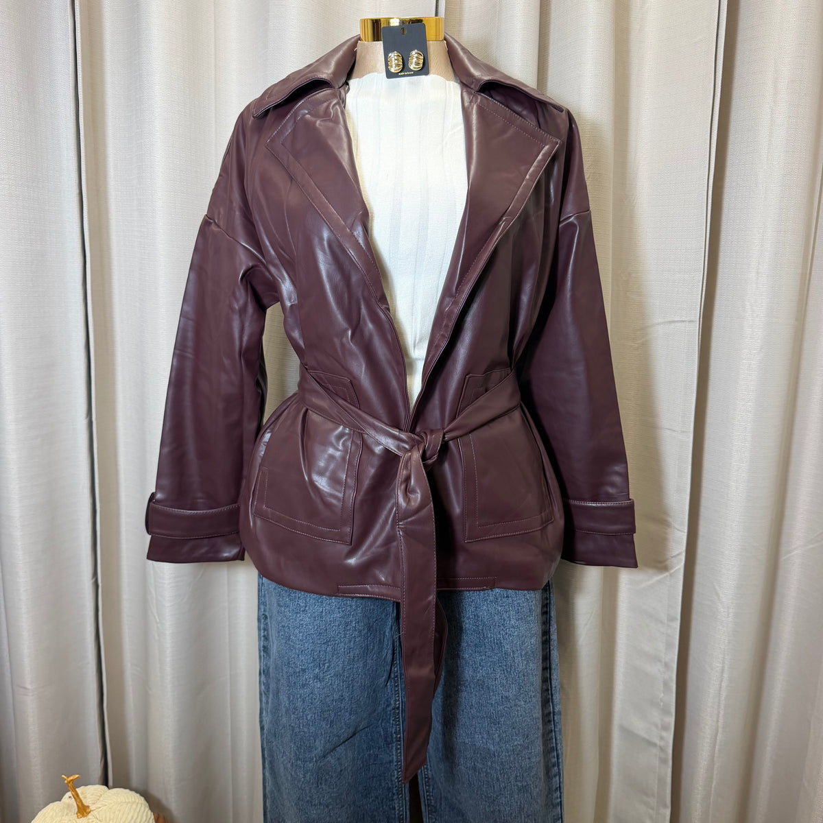 Oversized Leather Coat-Burgundy