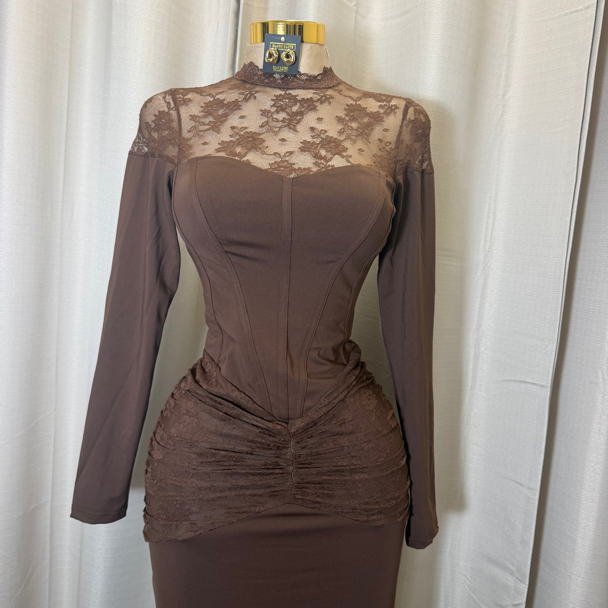 Lace Detail Long sleeve Corset Maxi Dress-Brown