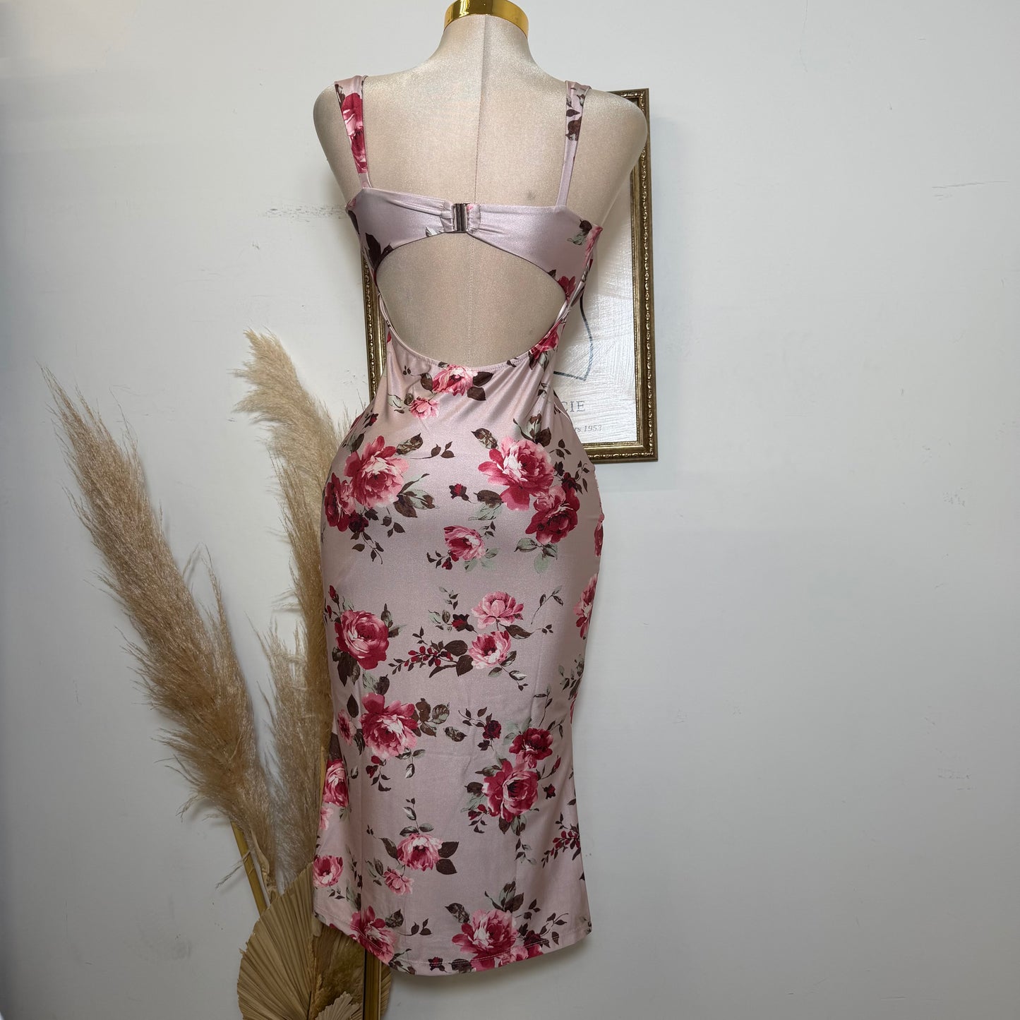 Satin Flower Print  Midi Open back Dress-Taupe