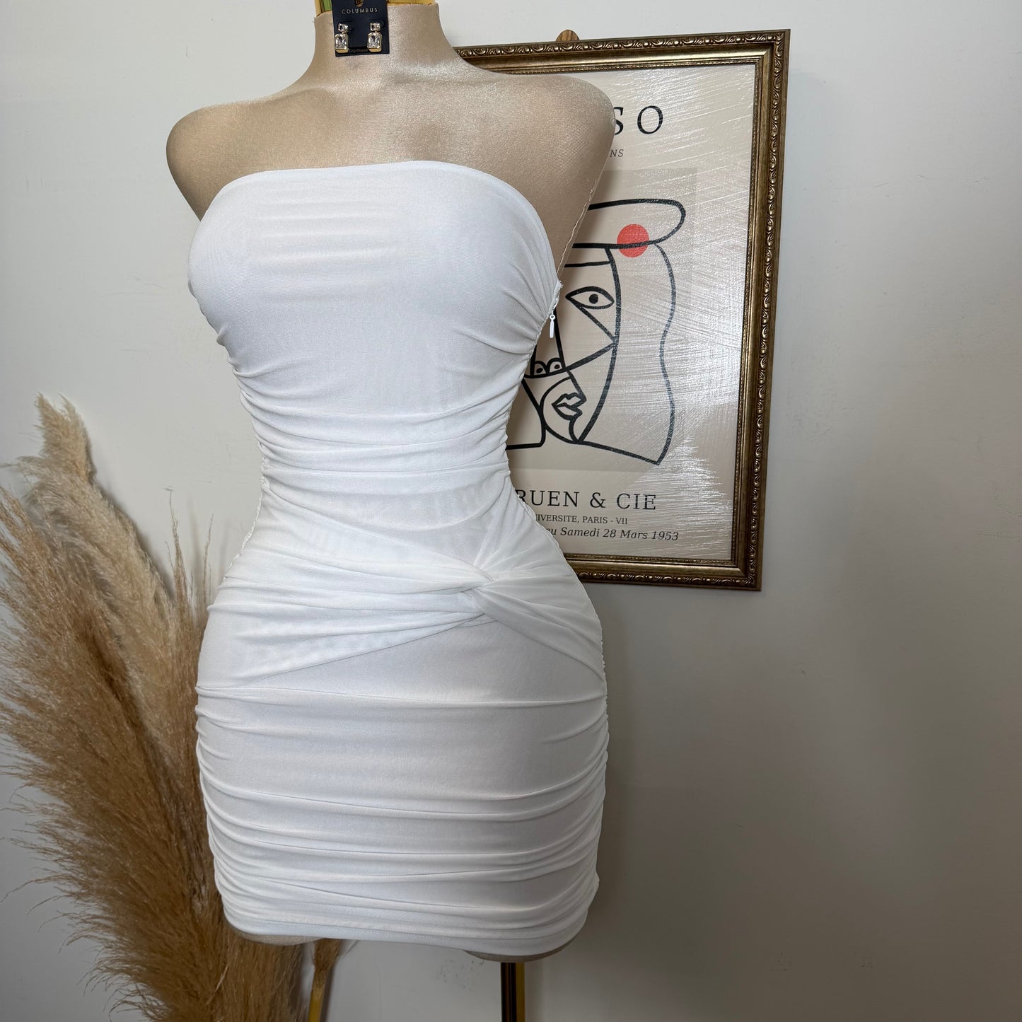Strapless Ruched Mini Dress-White