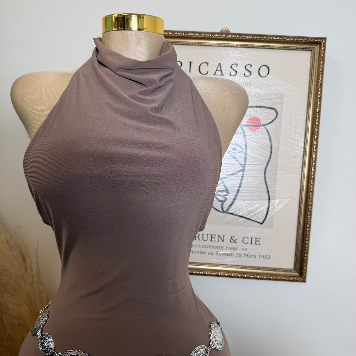 Sleeveless Halter Cowl Neckline Mini Dress-Mocha