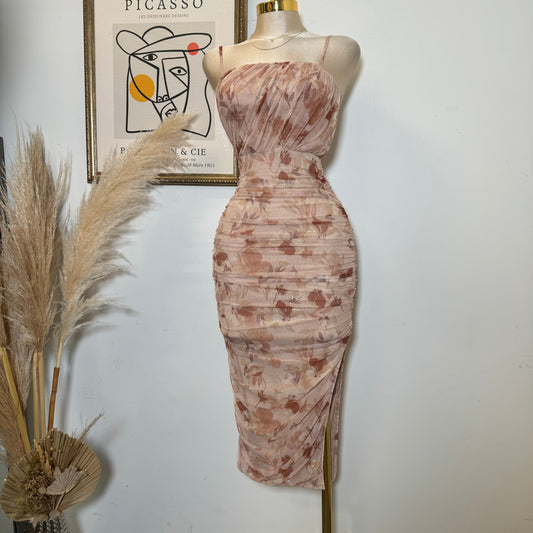 Metallic Mesh Print Tube Neck Line With spaghetti Straps-Rose
