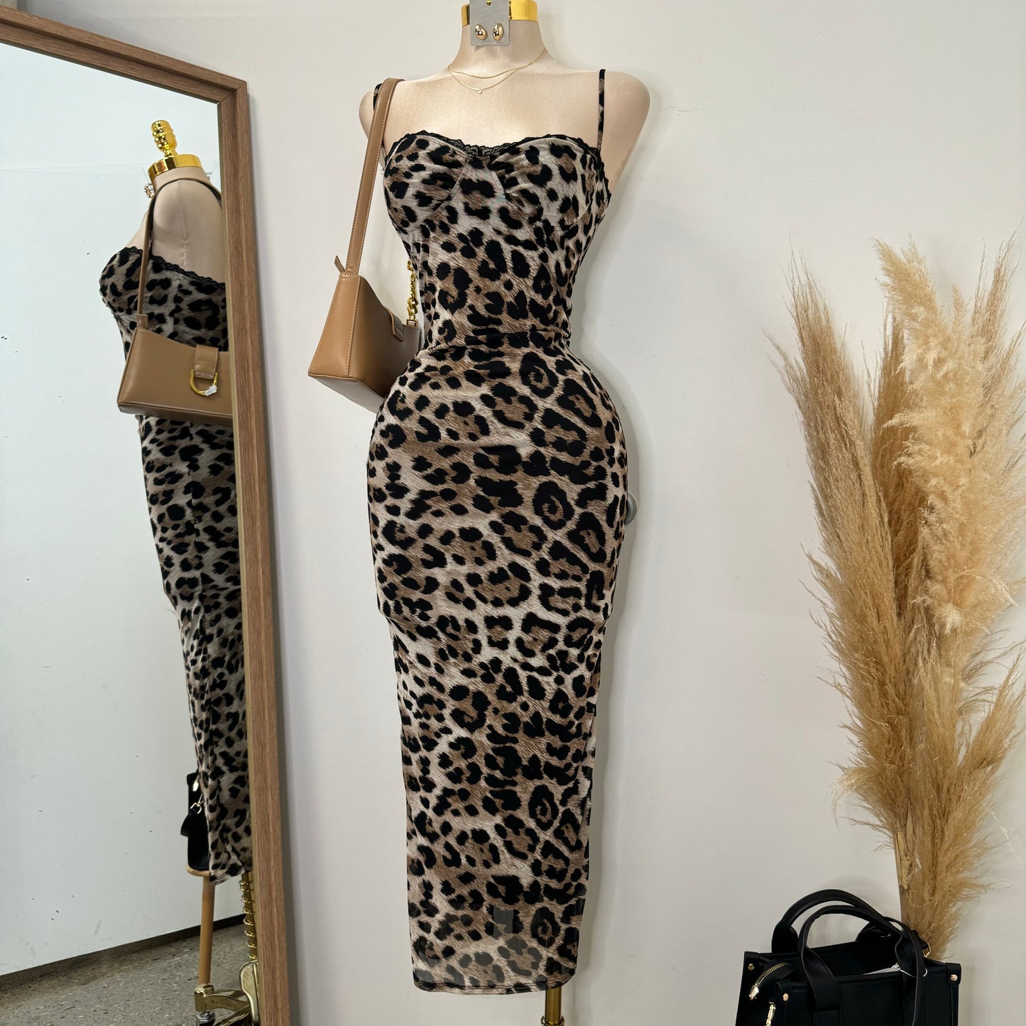 Mesh  Animal Printed Maxi Dress-Brown/Black