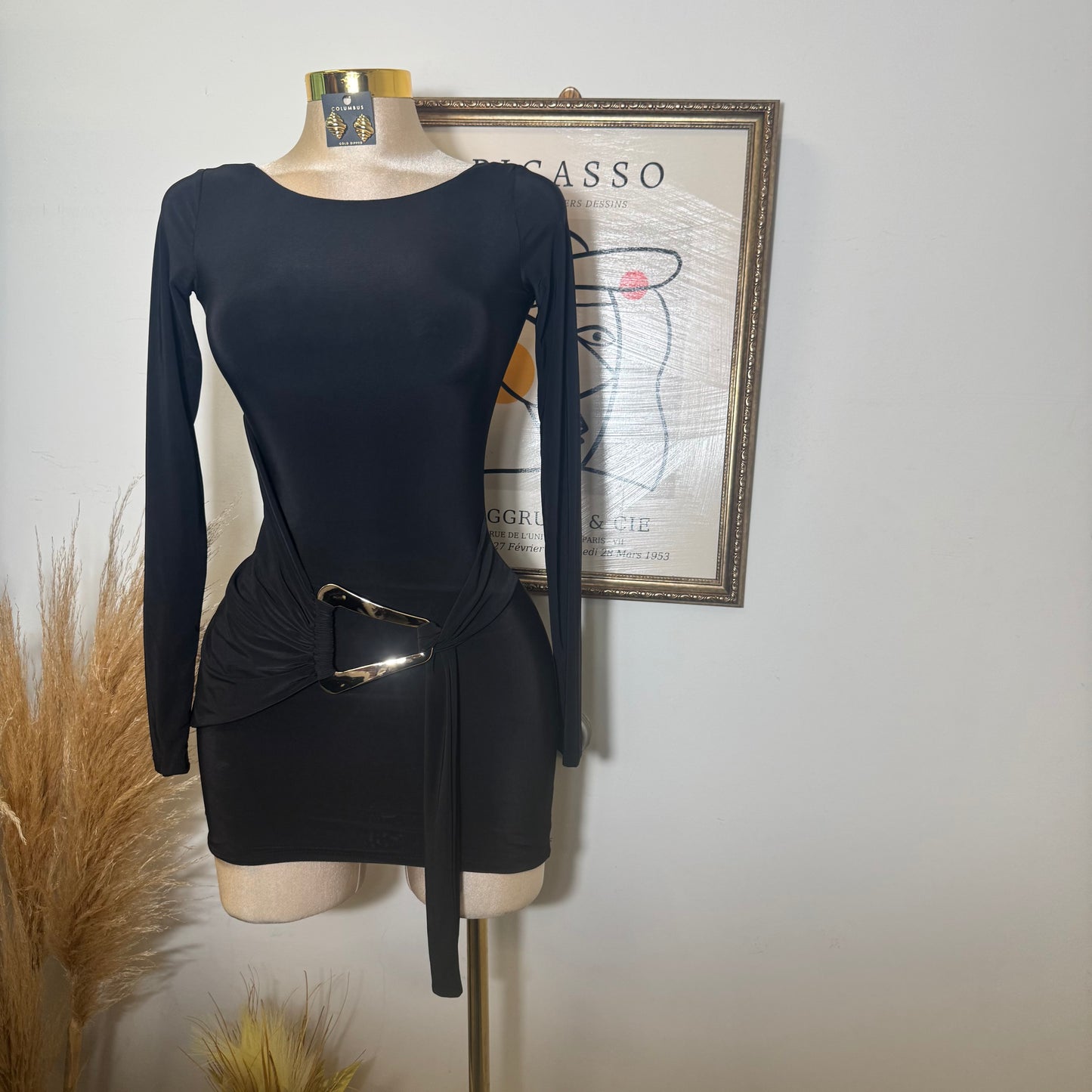 Long sleeve Drape Mini Dress-Black