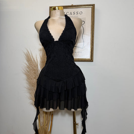 Halter lace Ruffle Dress-Black