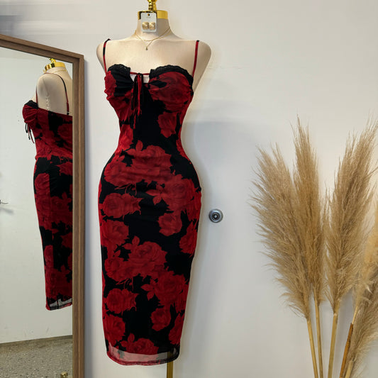 Rose Mesh Spaghetti Dress-Black/Red