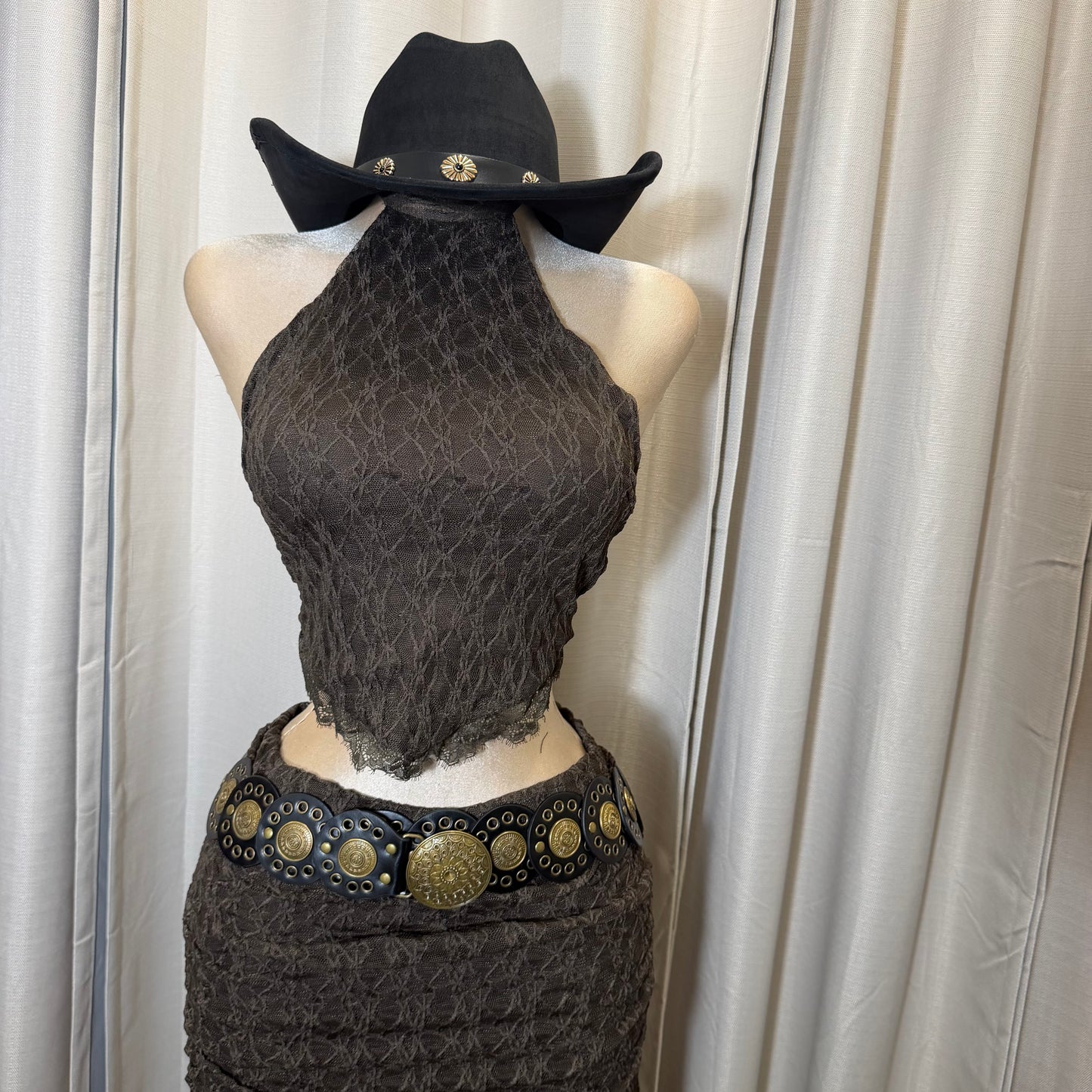 Halter Lace Maxi skirt Set-Brown