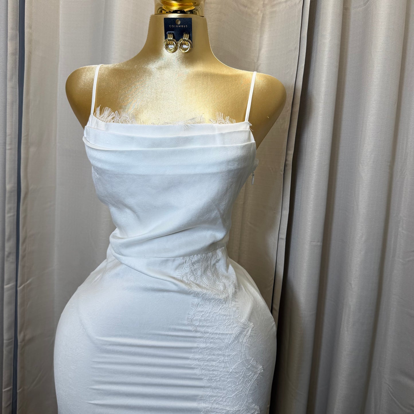 LACE DETAIL SATIN MIDI DRESS-White
