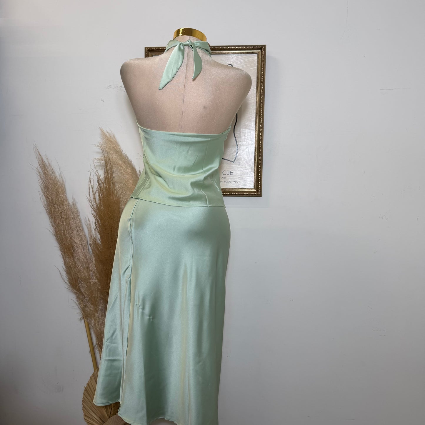 Satin Halter Top-Sage Green