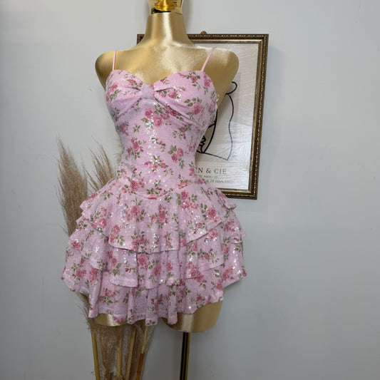 Mesh Flower Print Sequins Ruffle Dress-Pink