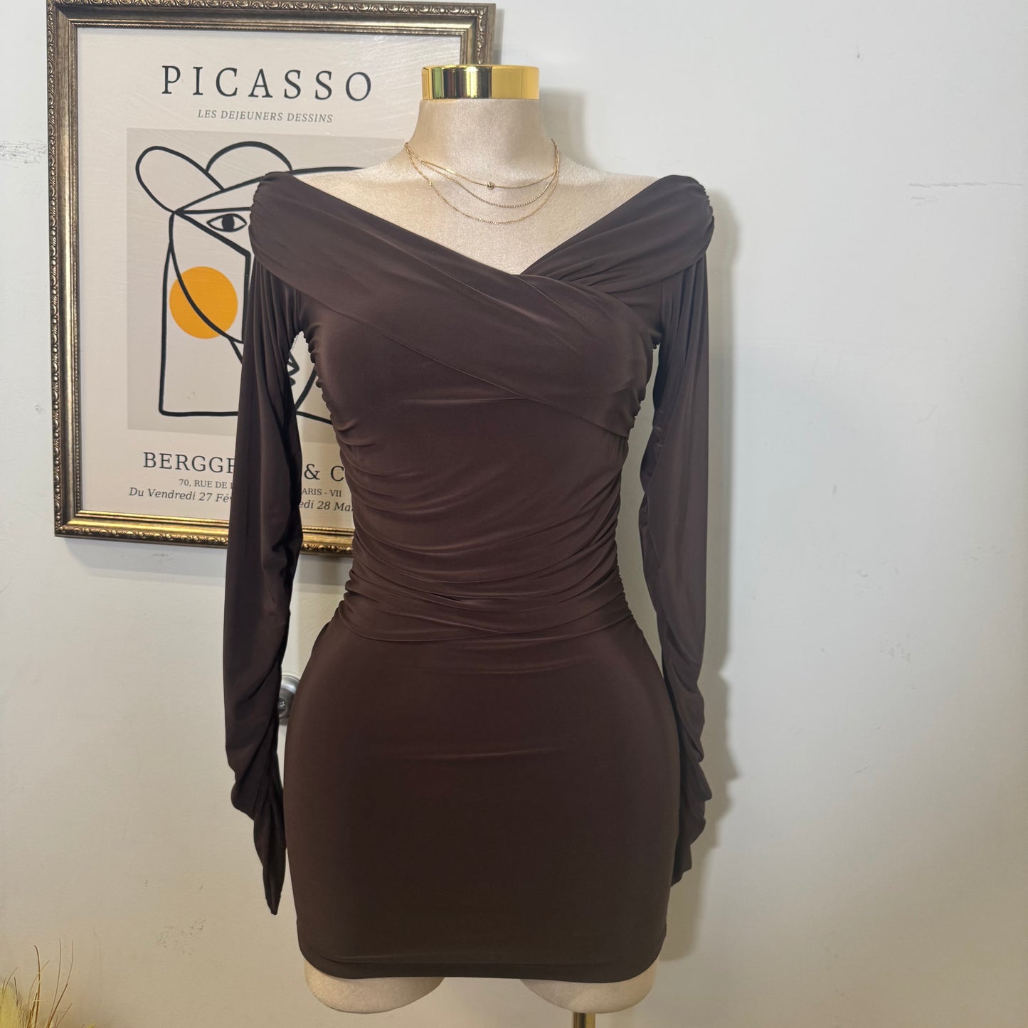 Long Sleeve Off Shoulder Ruched Mini Dress-Brown