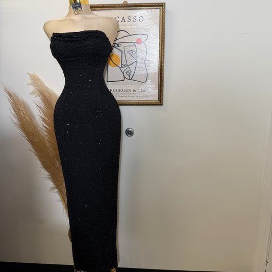 Embellished Bead Bandeau Cowl Neck Tube Maxi Dress-Black
