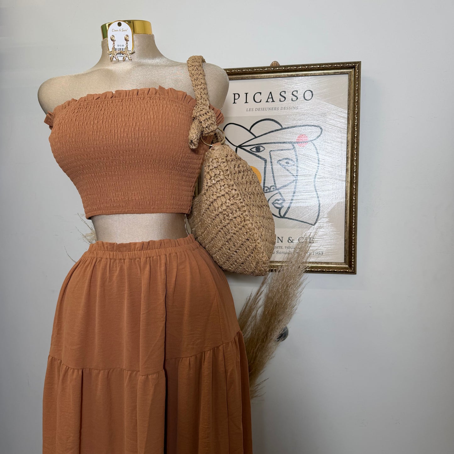 Smocking Tube Top and Ruffles Hem Maxi-