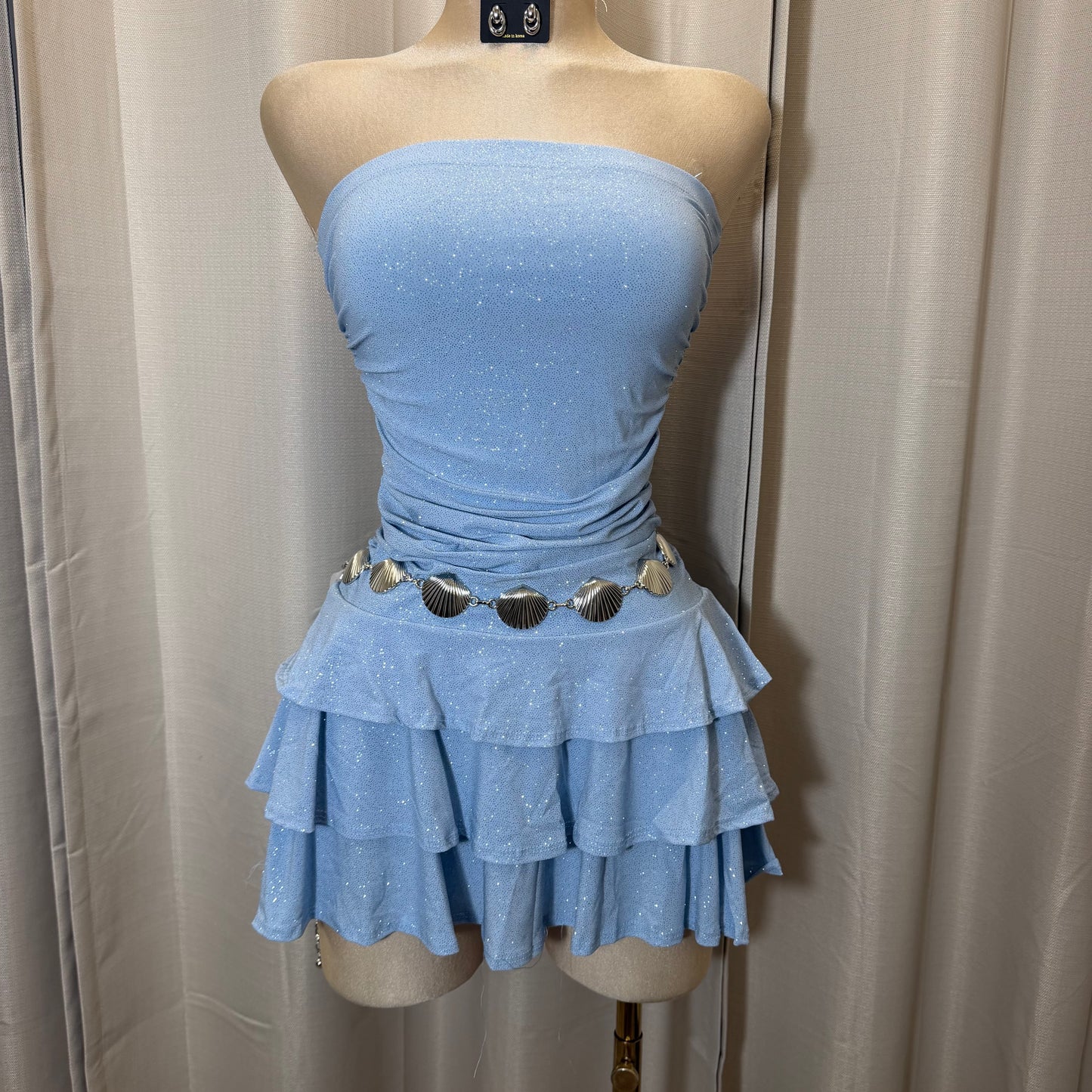 Glitter Strapless Tube Flare Dress-Blu