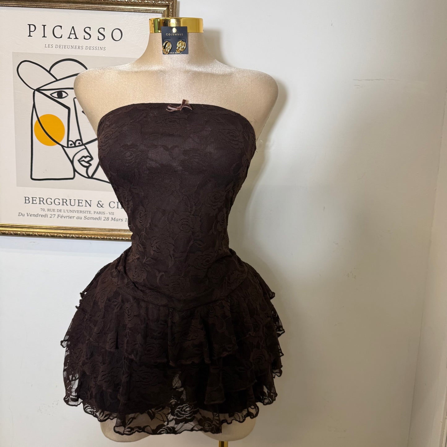 Tube Lace Tiered Romper Cont-Brown