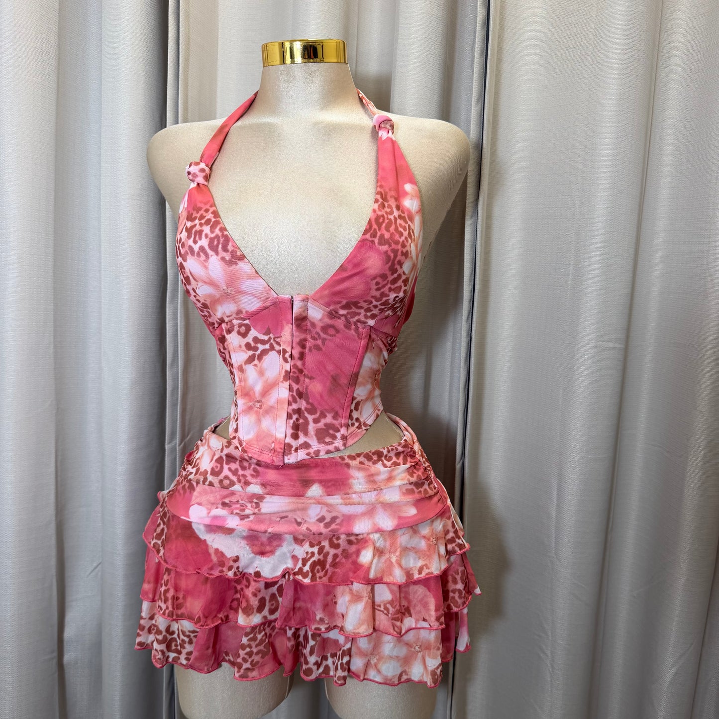 Halter Pink Corset Skirt Set-Pink