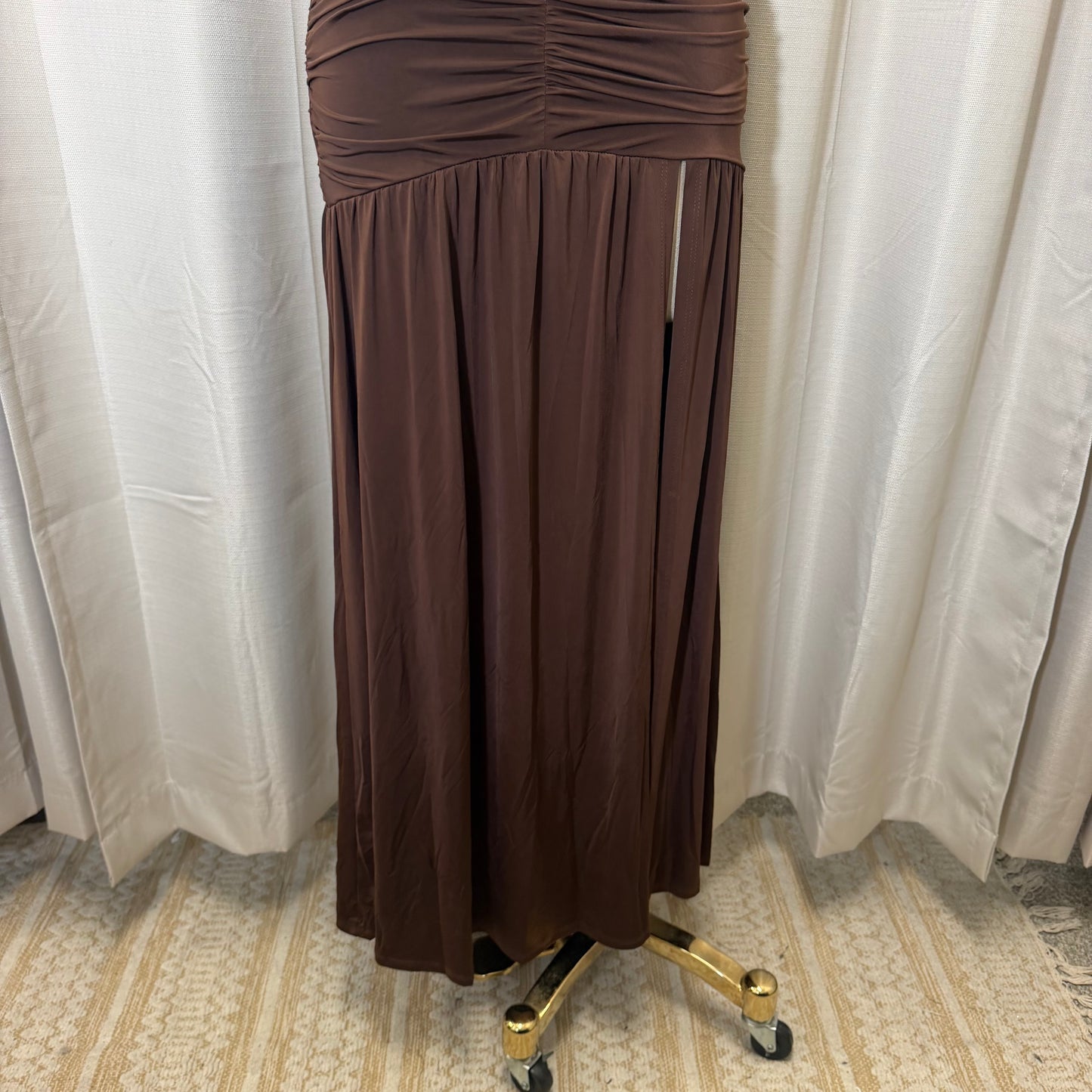 Halter Plunging Neckline Ruched Maxi Dress-brown