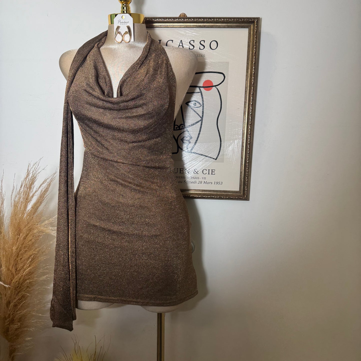 Cowl Halter Scarf Metallic Chainmail Mini Dress-Brown