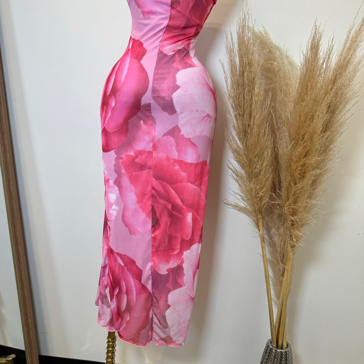 Zabrina Floral Ruffle Slit Mesh Dress-Pink