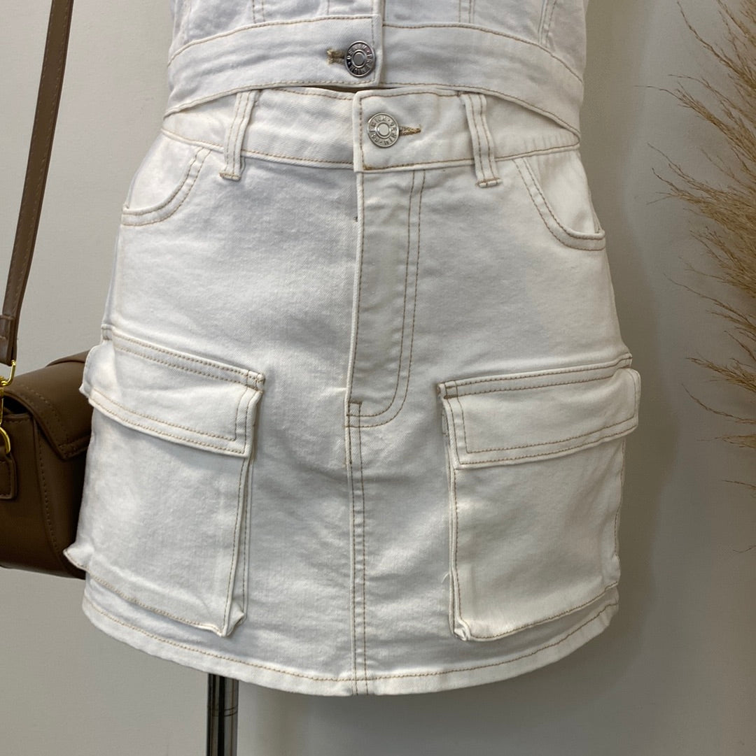 Cargo Denim Skirt-White