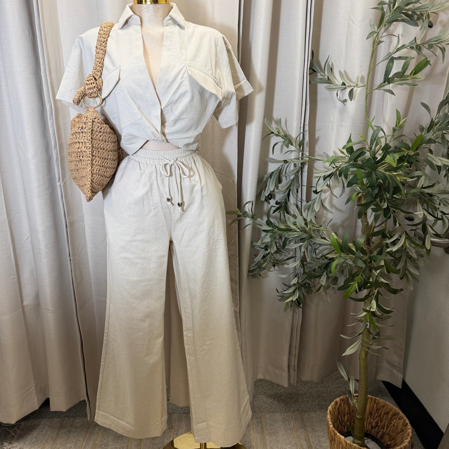 Front twist Top and wide leg pant Set-Beige