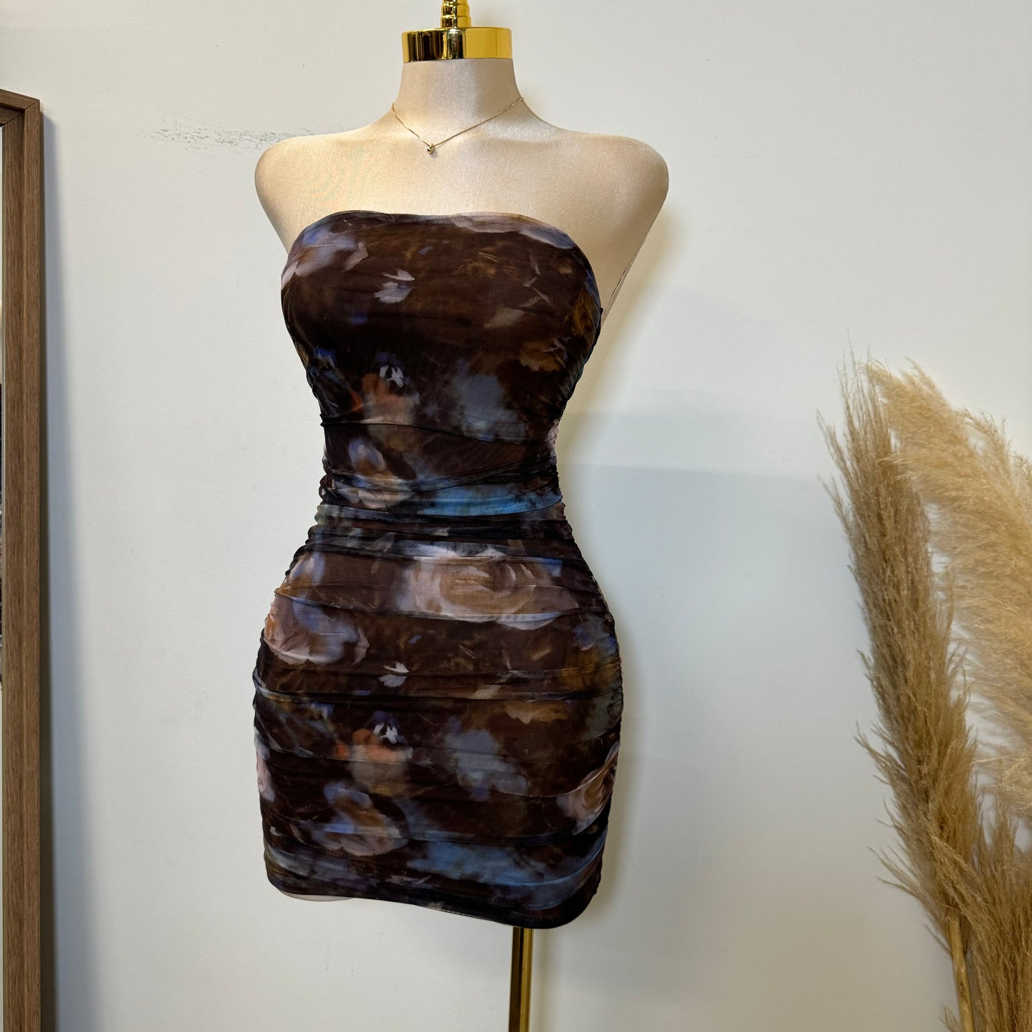 Floral Print Mesh Tube Mini Dress-Brown