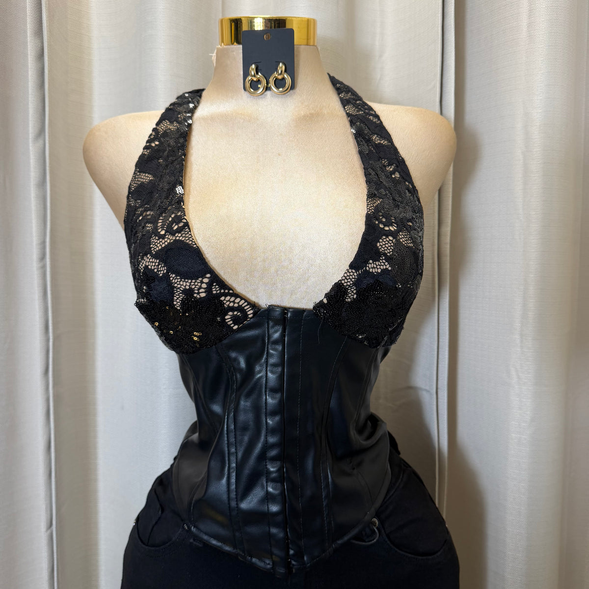 SEQUIN LACE WITH PLEATHER CORSET TOP-Black