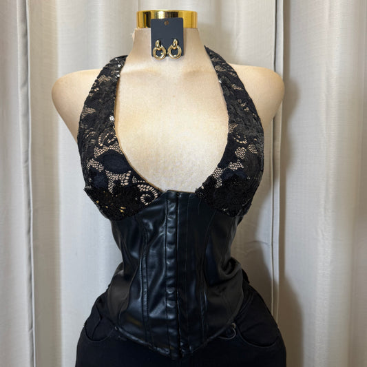 SEQUIN LACE WITH PLEATHER CORSET TOP-Black