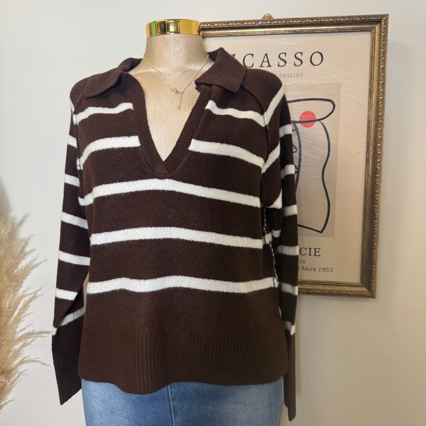 V Neck Stripe Polo Sweater-Brown