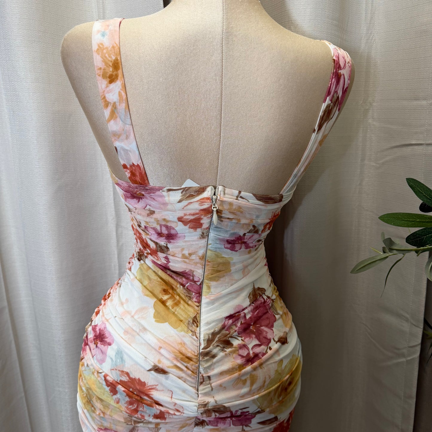 Mesh Flower Print Midi Dress-Pink/Cream/Multi