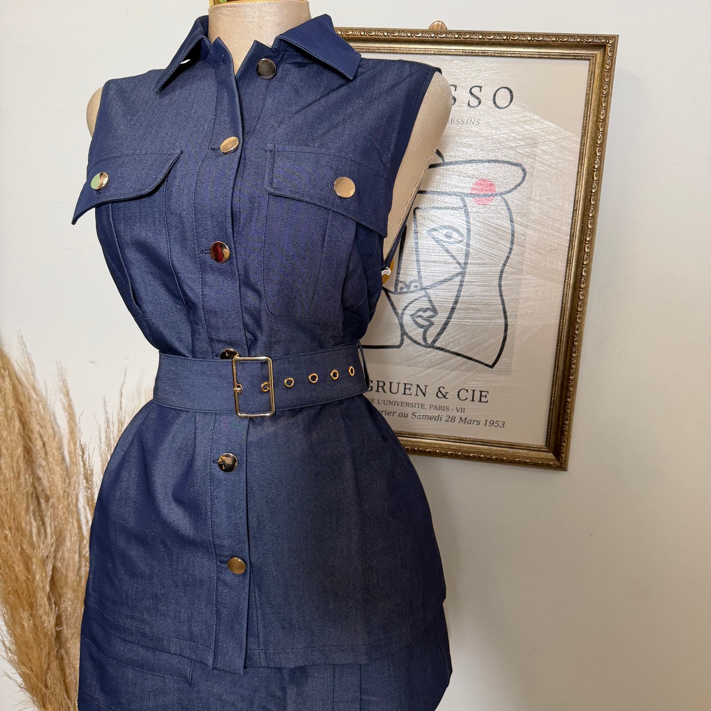 Denim Gold Buckle Belted Pocket Vest Skort Set-Dk Denim