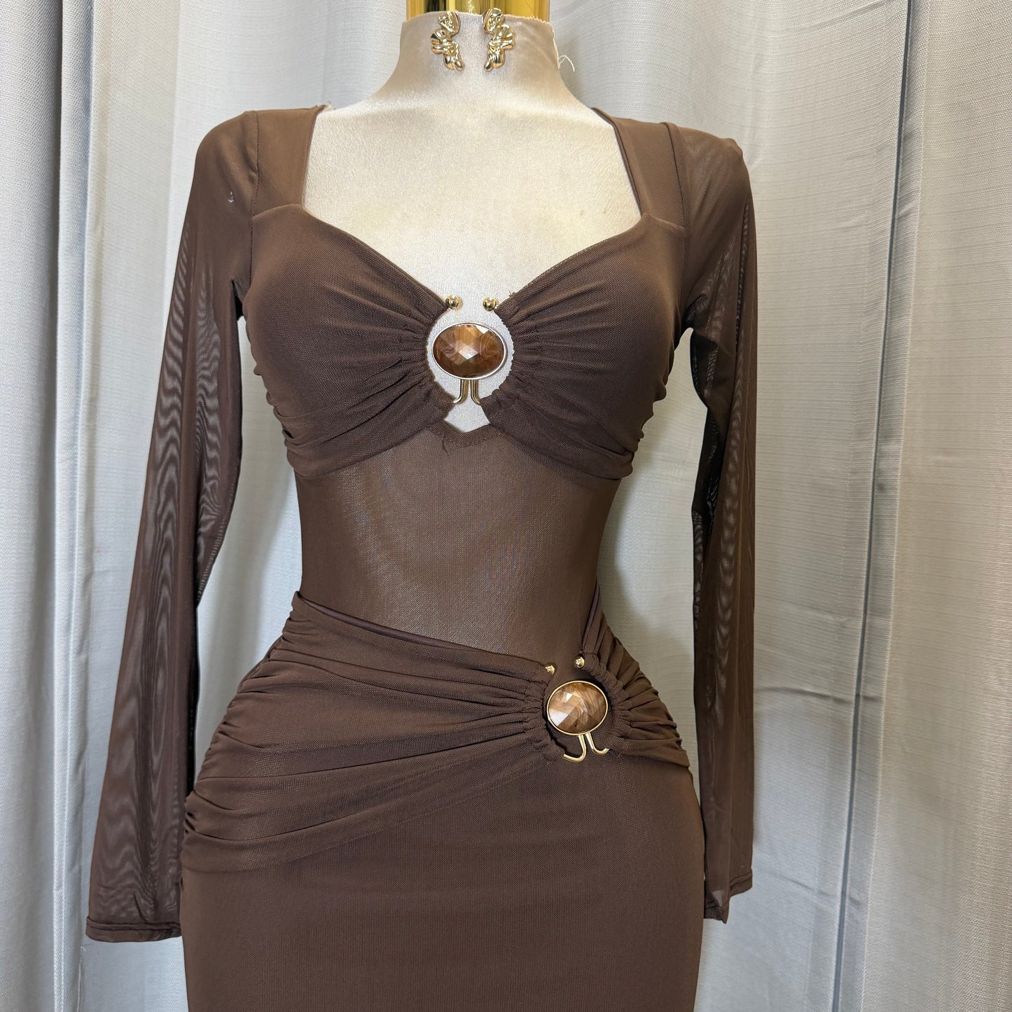 Front Trim mesh Midi dress-Brown