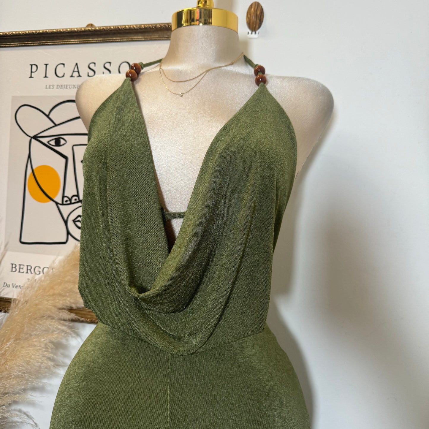 Bead Cowl Neck Halter Jumpsuit-Green