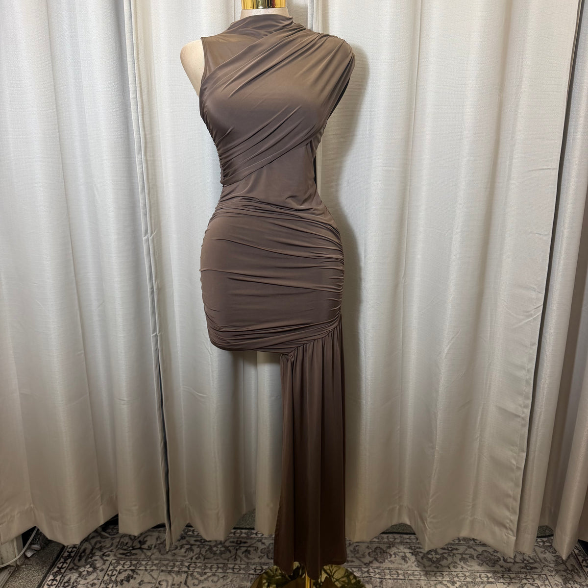Asymmetric Wrap Dress-Mocha