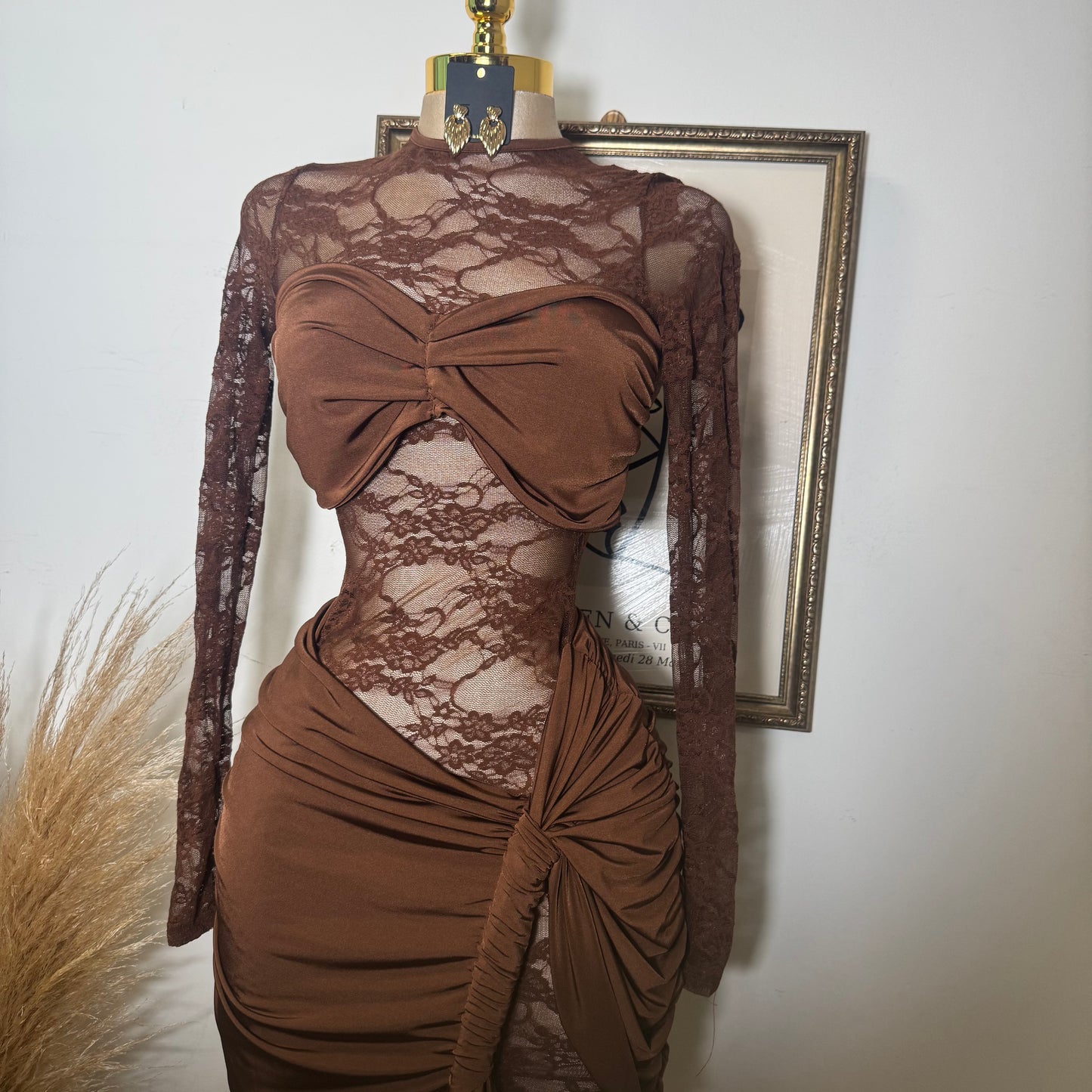 Long sleeve Lace Dress-Brown