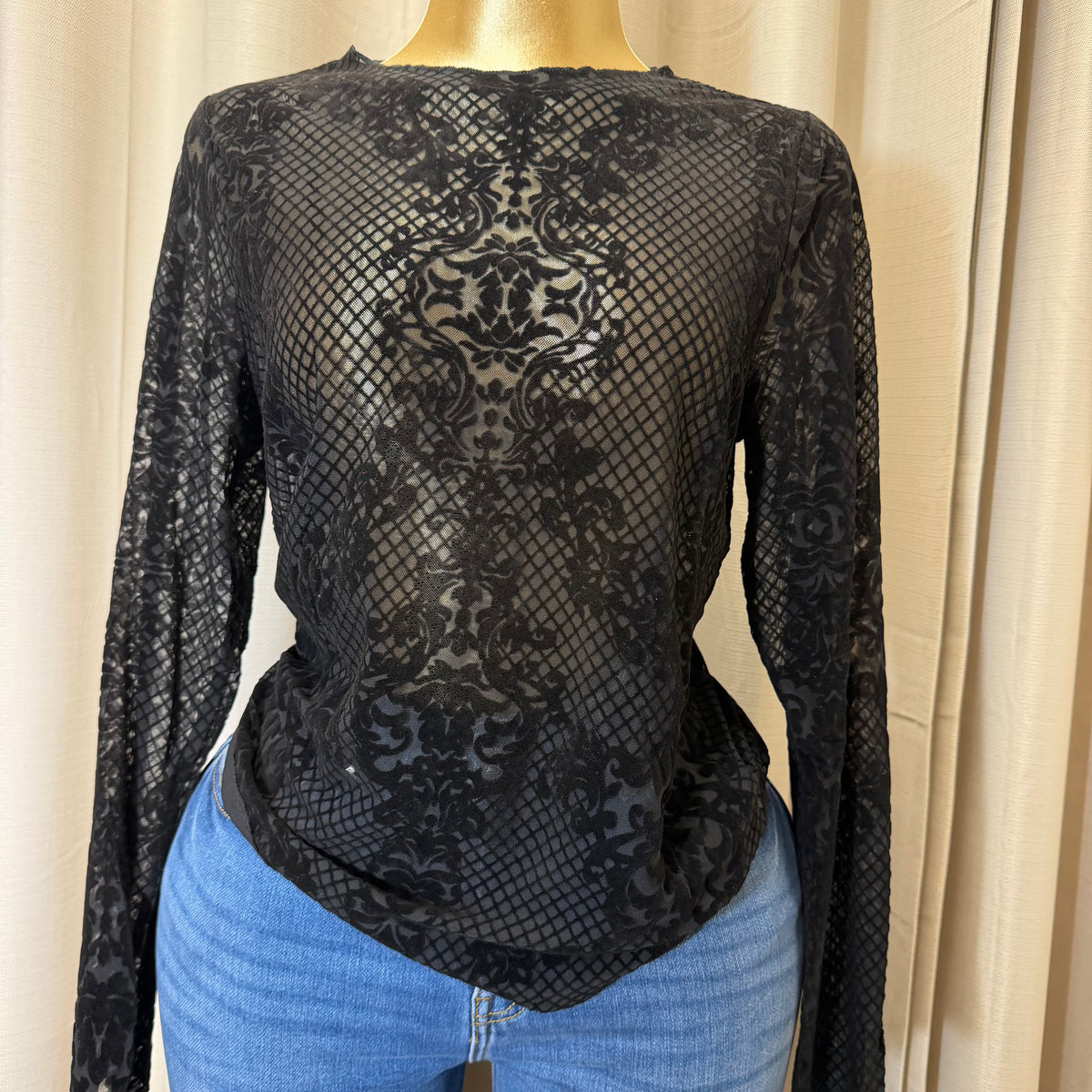 PL-Flocked Mesh Long sleeve Top-Black