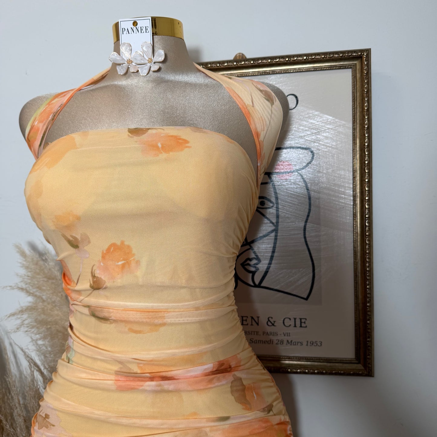Printed Mesh Strapless Ruched Asymmetric maxi Dress-Peach Orange