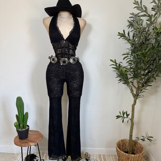 Sexy Lace Halter Pant Set-Black