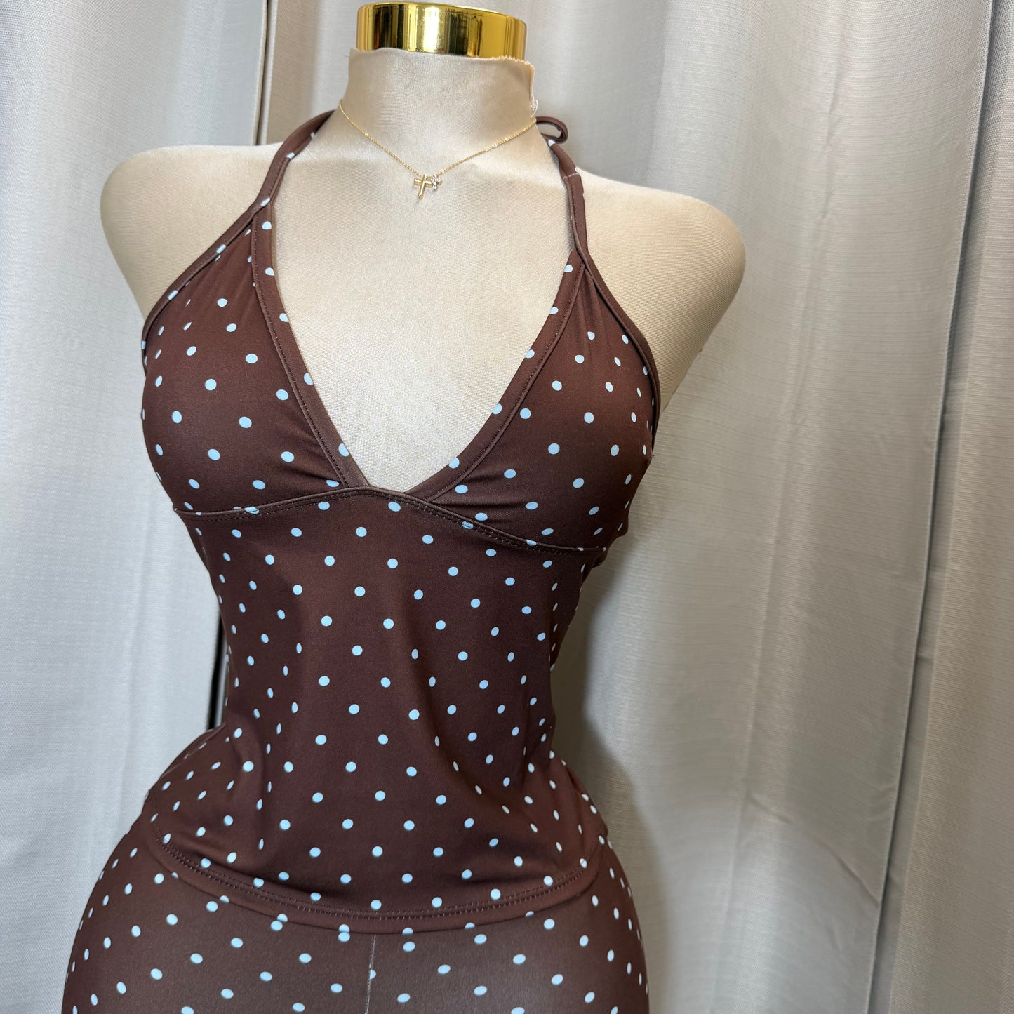 Halter Polkadot Capri Set-Brown/Blue