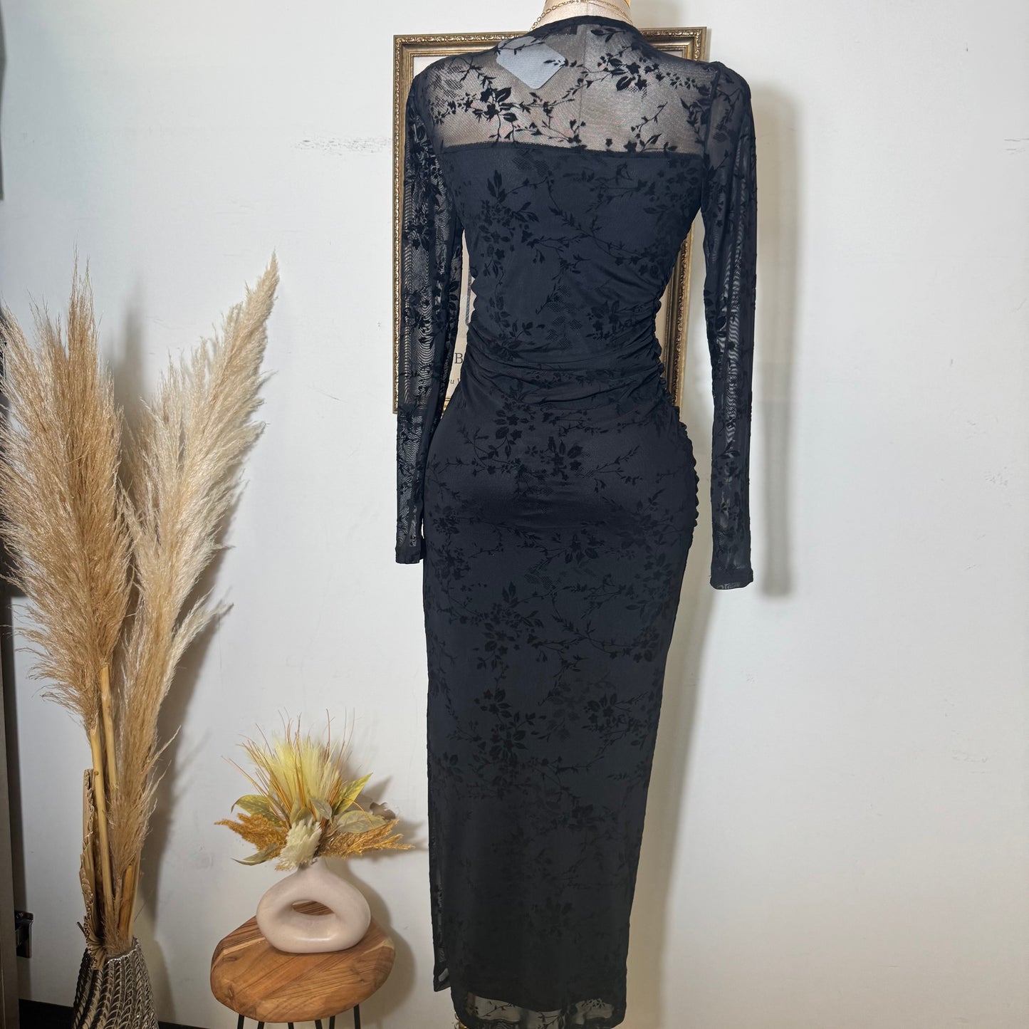 Long Sleeve Flocked Mesh Ruched Maxi Dress-Black